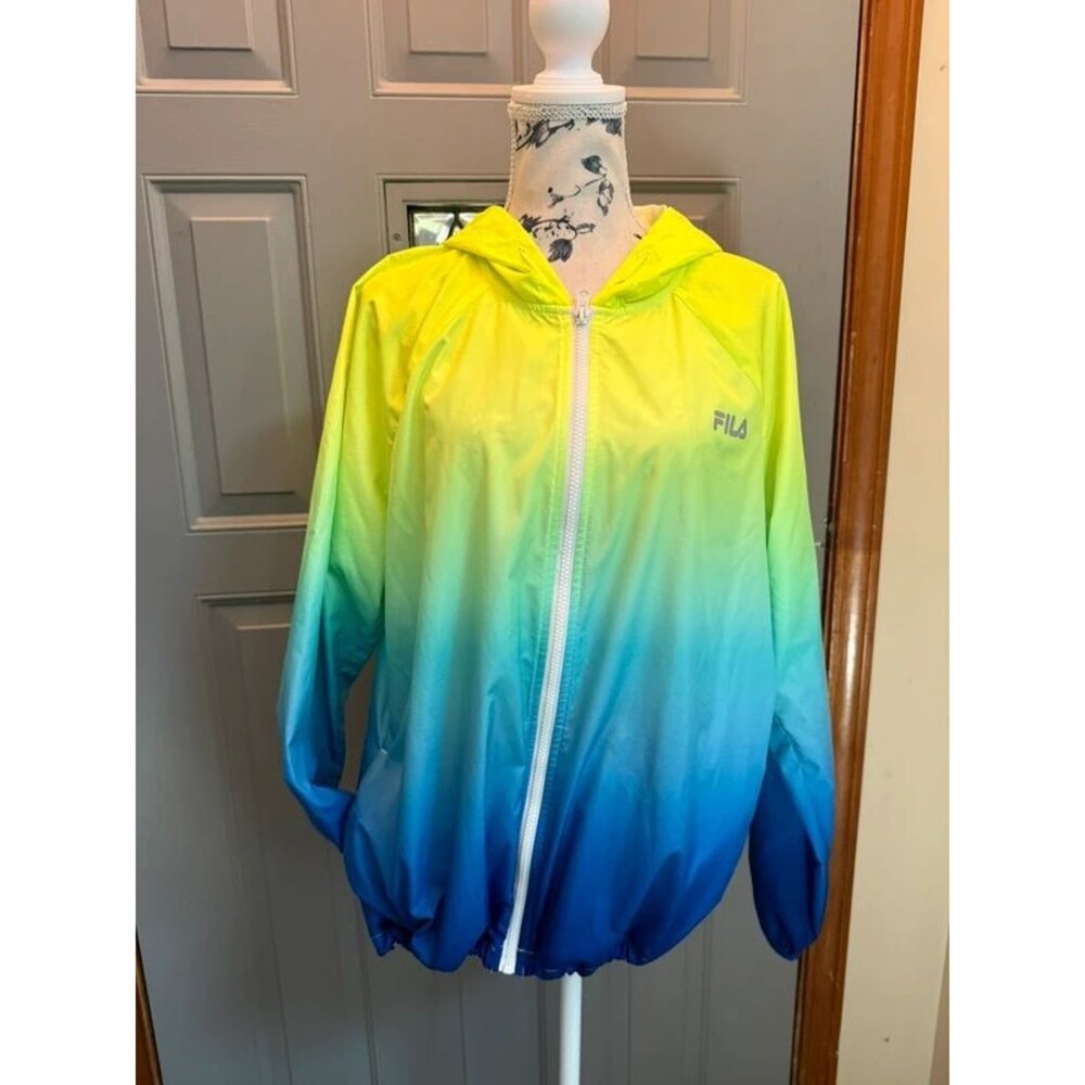 FILA Sport Women’s XL Windbreaker Jacket Neon Yellow Blue Ombré Gradient Hooded